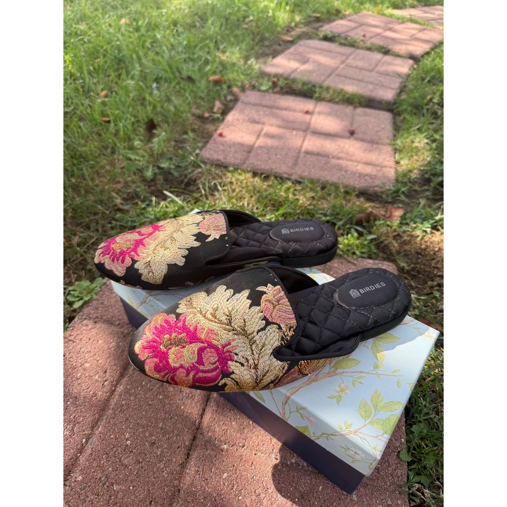 Birdies The Phoebe Floral Jacquard Mules Black Pink Gold Ornate Slides Womens 7